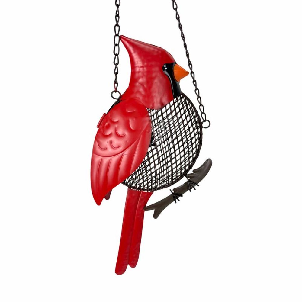 Red Cardinal Metal Hanging Bird Feeder with Mesh Seed and Suet Cage 27 Inch